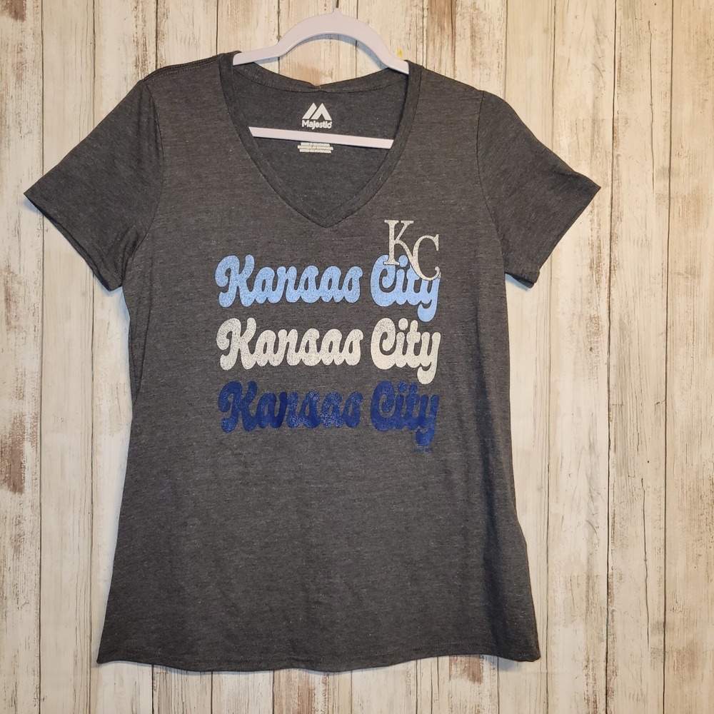 KC ROYALS Baseball Tee Majestic Blue T-Shirt Women's Med V-Neck‎ Lightweight